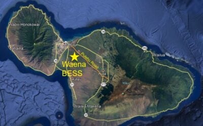 The Waena project's location in central Maui, adjacent to a municipal landfill, as shown during a 2020 company presentation. Image: HECO via YouTube