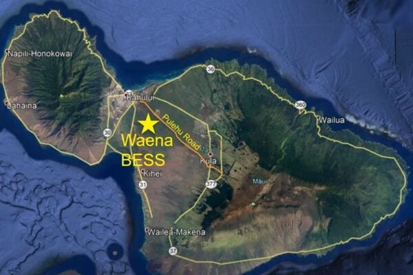 The Waena project's location in central Maui, adjacent to a municipal landfill, as shown during a 2020 company presentation. Image: HECO via YouTube