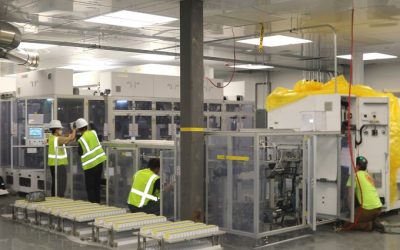 Workers fitting out iM3NY's recently opened lithium battery factory in Endicott, New York. Image: iM3NY via Twitter.