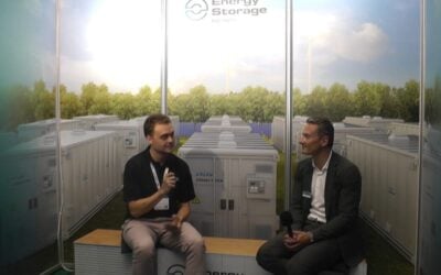 Simon Slapka, MD for Data Services, BayWa r.e., with Energy-Storage.news' Cameron Murray at the Smarter E Europe trade show last month