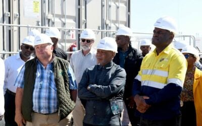 Electricity minister Dr Kgosientsho Ramokgopa  (arms folded), visiting the Kenhardt project as part of an outreach trip to the Northern Cape. Image: Dr Kgosientsho Ramokgopa via X/Twitter