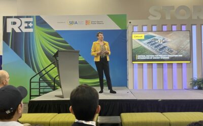Kiewit's Diane Fischer speaking at the Storage Central stage at RE+ 2023 in Las Vegas, US. Image: Andy Colthorpe / Solar Media.