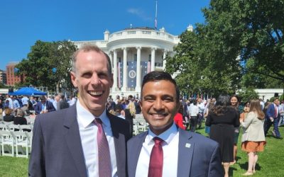 Fluence's Kiran Kuraswamy (right) and American Clean Power Association VP for energy storage Jason Burwen celebrating the Inflation Reduction Act on the White House lawn last week. Image: Jason Burwen via LinkedIn