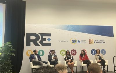 Fluence's Kiran Kuraswamy (second from left) talks long-duration energy storage at RE+ 2022. Image: Andy Colthorpe / Solar Media