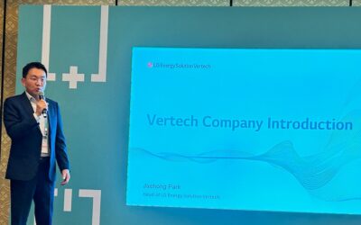 Jaehong Park speaking at last year's LG ES Vertech launch at RE+, in Las Vegas, US. Image: LG Energy Solution.