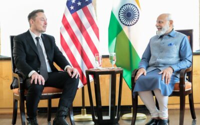 India's Prime Minister Narendra Modi meeting Tesla boss Elon Musk earlier this year. Image: Narendra Modi via X