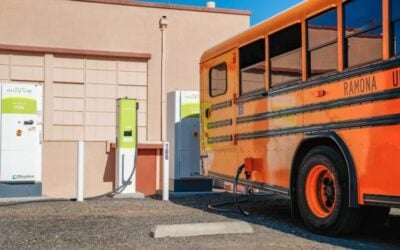 One of the eight electric school buses in Ramona Unified School District, California, participating in a V2G programme using Nuvve's chargers and aggregation platform. Image: Nuvve