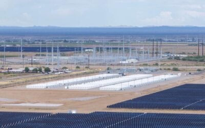 Eleven Mile Solar, with solar PV array in foreground, BESS units in the middle and transmission and substation infrastructure at the back. Image: Ørsted