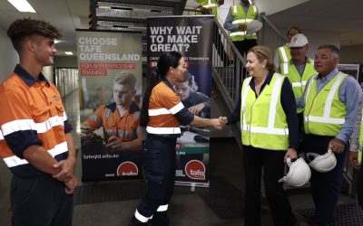 Queensland's premier Annastacia Palaszczuk (shaking hands on right) meeting young apprentices at a site in Townsville earlier this week. Image: Annastacia Palaszczuk's office via Twitter.