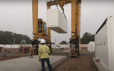 Tesla Megapack BESS unit being lowered into place at PG&E's Elkhorn BESS project in Moss Landing, California. Elkhorn is the utility's only battery storage asset which it owns itself, with the rest of its capacity contracted from third-party project owners. Image: PG&E video on YouTube.