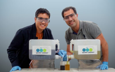 Quino Energy's co-founders Eugene Beh (left) and Meisam Bahari (right). The company believes its organic electrolyte could be more easily stored than vanadium-based electrolyte, which needs specially designed tanks. Image: Quino Energy,