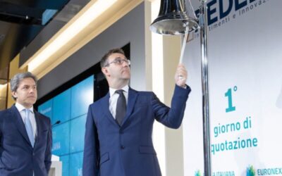 Redelfi chairman David Sommariva rings the bell as the group listed on the Milan Borsa Italiana EuroNext exchange in 2022. Image: Redelfi via LinkedIn