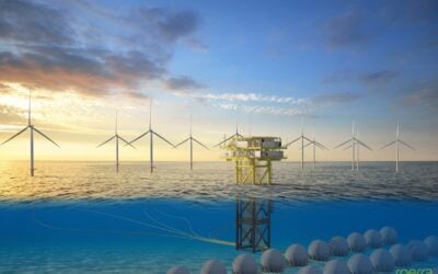 Rendering of a subsea pumped hydro plant with concrete spheres at the bottom of the sea, connected to a wind farm. Source: Sperra