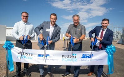 Ribbon-cutting at the event in Maricopa County on Monday with SRP Vice President Chris Dobson, Plus Power President Alex Fraenkel, Avondale Mayor Ken Weise, and U.S.DOE Deputy Assistant Secretary Jeff Marootian (left to right). Image: Salt River Project.