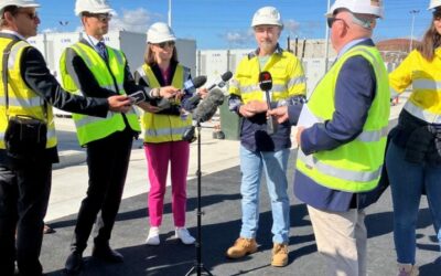 Synergy CEO David Fyfe is interviewed by media at the Kwinana battery site. Image: Synergy via LinkedIn.