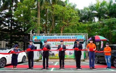 Official opening in 2021 of Taipower's first V2G smart charging demonstration facility. Image: Taipower.