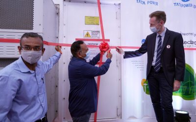 Unveiling of Tata Power DDL's 528kWh 'community energy storage system' by Delhi government minister Satyender Jain in March 2021. Image: Tata Power DDL.