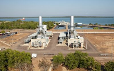 Photograph of turbine stacks at Channel Island, the main gas-fired power plant in the Northern Territory's Darwin-Katherine Interconnected System.