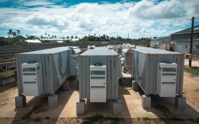 The grid-stabilising BESS (pictured during construction) is at the site of Tonga Power's Popua Power Station, with the other at a separate site on Tongatapua. Image: Tonga Power.