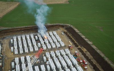 Aerial picture of the 2021 fire incident at Victorian Big Battery, which was thought to be the first incident of its type involving Tesla Megapacks. Image: Country Fire Authority.