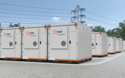 Computer rendering of Wärtsilä BESS units with EDF Renewables logo branding.