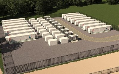 Rendering of a 50MW battery storage site in Kemsley, England, which will be connected to the high voltage transmission network. Image: Wartsila / Pivot Power.